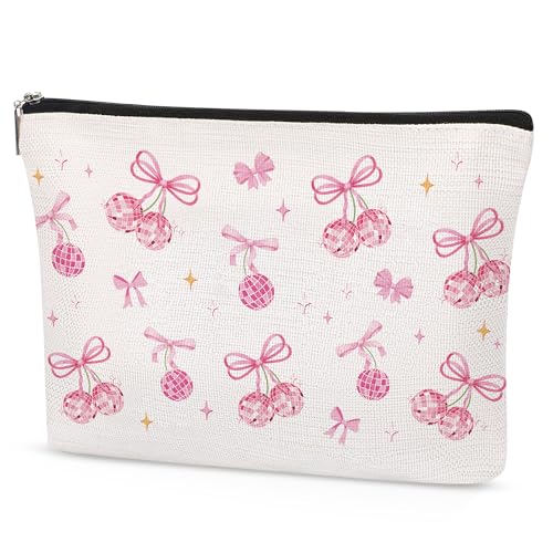 Coquete Makeup Bag Pink Bow Disco Makeup Bsg for Teen Girls Preppy Cosmetic Bags Gift Trendy Cute Aesthetic Stuff Travel Toiletry Bag for Women Birthday Chrismas - style: Pink Bow Disco