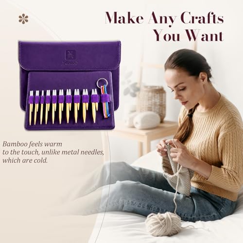 Yarniss 10 Size Shortie Circular Knitting Needles Set with Cable 3.25~6.5mm | Bamboo Mini Interchangeable Knitting Needle with Swivel Cable,Sock Knitting Needle - color: Nature