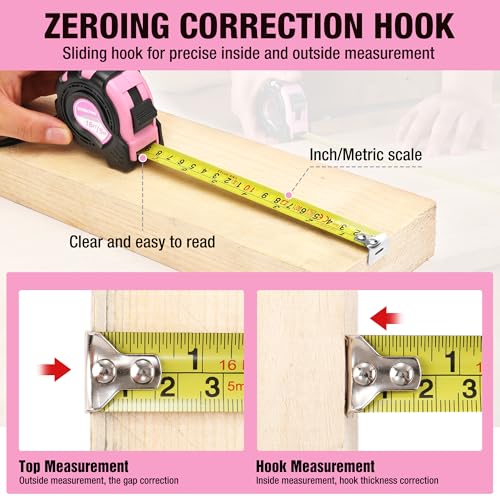 WORKPRO 16FT Pink Tape Measure, Inch/Metric Easy Read Measuring Tape | Retractable Lightweight Measurement Tape Accuracy 1/32, 1mm for Engineer,with Thumb Lock, Belt Clip, Rubber Protective Casing - color: Pink, size: 4.9 m