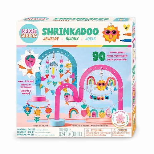 Bright Stripes Shrinkadoo Jewelry Making Kit for Kids and Teens, Ages 8+ | Includes 90 precut shrink plastic pieces, markers, chains plus findings, a fun creative accessory gift idea suited to girls - color: Multicolor, style: Jewelry Making Kit