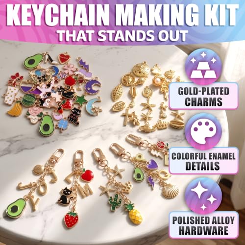AZZORI Lip Gloss Keychain Making Kit, 284 Pcs, Plier & Ring Opener | Bag Charm Making Kit: 66 Cherry, Heart, Star, Pearl Bow, Fruit Charms, 26 A-Z Letters, Lobster Clasps; Gift-Ready in Zip Bags - color: Keychain Kit - 283 Pcs