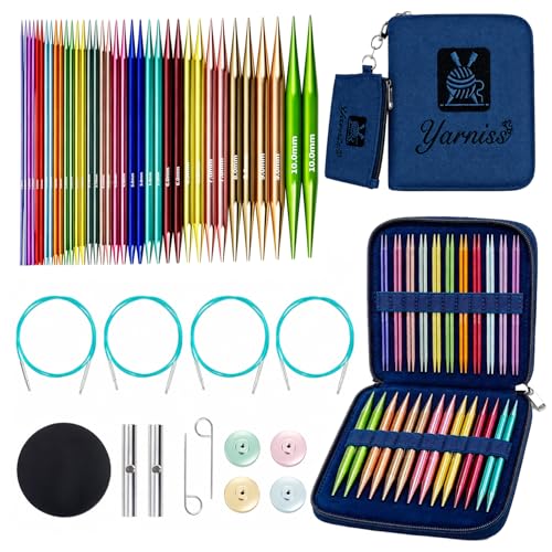 Yarniss 18 Pairs Circular Knitting Needles with Swivel Cable,US Sizes 0-15 | Aluminum Interchangeable Knitting Needles Kit with 4 Free-Memory Cables and Storage Case - color: Navy
