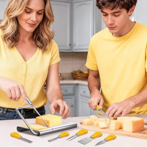 Cheese Slicer Board, Stainless Steel with Blade for Block Cheese | With measuring grids and 6 bonus cheese knives. Cuts butter, sausages, bread and vegetables. Dishwasher safe.