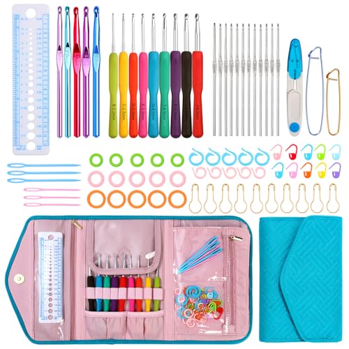 Blingcute Ergonomic Crochet Hook Set with Case, 82 PCS Crochet Starter Kit (0.6–10mm), Aluminum Hooks with Soft Grip, Complete Crochet Set for Beginners & Chunky Yarn - color: Lake blue