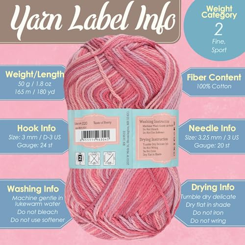 JubileeYarn Cotton Select Yarn - 50g/Skein Sport Weight - Shades of Pink - 4 Skeins - color: Shades of Pink, size: 4 Skeins