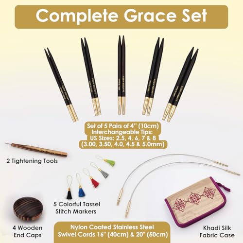 Lantern Moon Grace Interchangeable Circular Knitting Needle Set 4" (10cm) | 5 US Sizes (2.5 to 8) - size: Grace