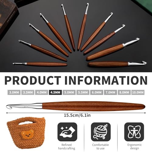 Lunarm Crochet Hook 4.5mm Ergonomic Crochet Aluminum Hook Wood Handle | Available in 3mm-10mm for Arthritic Hands DIY Craft Knitting Bouquets, Blankets, Hats, Gloves from Various Yarns - size: 4.5mm