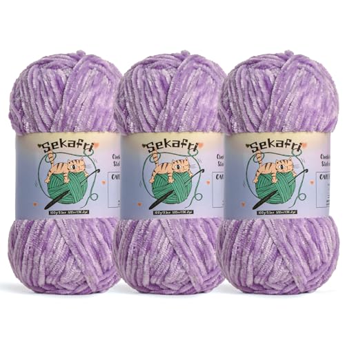 3 Pack of 300g (590yds) Fuzzy Chenille Yarn for Crocheting,Fluffy Amigurumi Crochet Yarn for DIY Craft/Hat/Clothes, Soft Velvet Baby Blanket Yarns（3 Light Purple） - color: 3 Light Purple