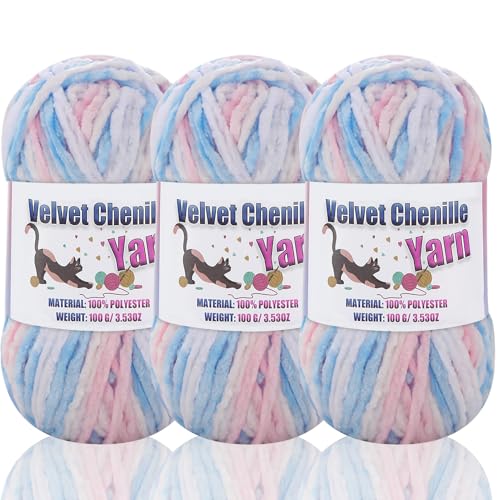 3 * 100g Fluffy Velvet Chenille Yarn for Crocheting and Knitting, Handcrafts Weaving Soft Chenille Yarn for Crocheting Clearance, Used for Making Baby Yarn Blanket, Clothes (3 - Colorful - E) - color: 3 - Colorful - E