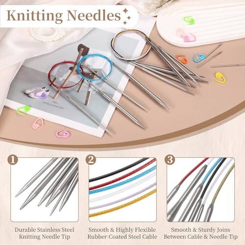 HARFINGTON Circular Knitting Needle Set US Size 8 (5mm) 25.59" Long Stainless Steel Round Knitting Needles with Large-Eye Blunt Needles Stitch Markers for Sock Sweater Gloves, White - color: White, size: 5mm/25.59"