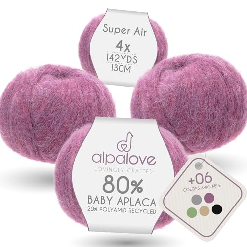 Super Air 4-Set Baby Alpaca - Soft and Fast Hand Knitting Yarn 7.05 oz/ 568 Yards - Melnage Berry - color: HF197 Berry Melange