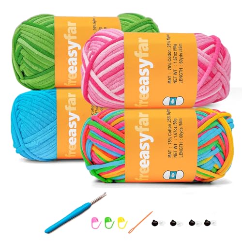 4x50g Beginner Crochet Yarn for Crocheting and Knitting; Beginner Easy Yarn kit with Tool Set (Rainbow+Strawberry+Lawngreen+Aqua, 4 Skein) - color: Rainbow+Strawberry+Lawngreen+Aqua