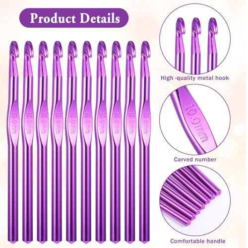 Aluminum Crochet Hook 10mm, US Size N Knitting Needles Craft Yarn, Crochet Hook for DIY Craft, Crochet Needles for Knitting Scarf Knitting Needle for Yarn Weave Beginners (10Pcs) - color: 10MM Purple