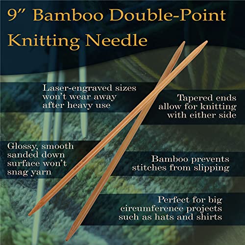 JubileeYarn 9" Double Point Bamboo Knitting Needles Set | 15 Sizes: 2mm(US0)-10mm(US15) | 5 Needles/Size | Carbonized Brown - color: 75 Pcs (15 Size) - Carbonized, size: 9-Inch