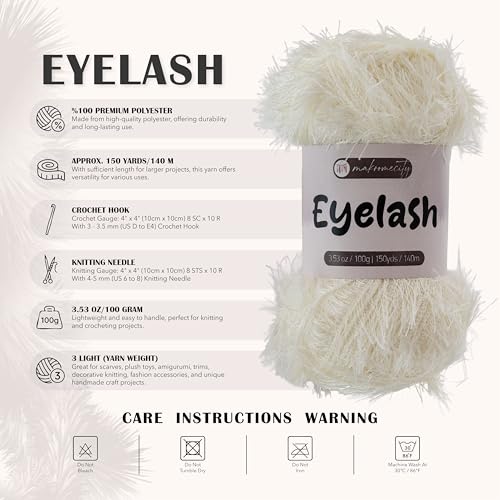 Makromecity Eyelash Yarn – Fuzzy Fun Fur Yarn, 3.53 Oz (100g) 150 yd (140m), Weight 3 Light, Premium Polyester Novelty Feather Yarn for Scarves, Amigurumi, Plush Toys & Craft (Cream, 3 Skeins) - color: Cream, size: 3 Skeins