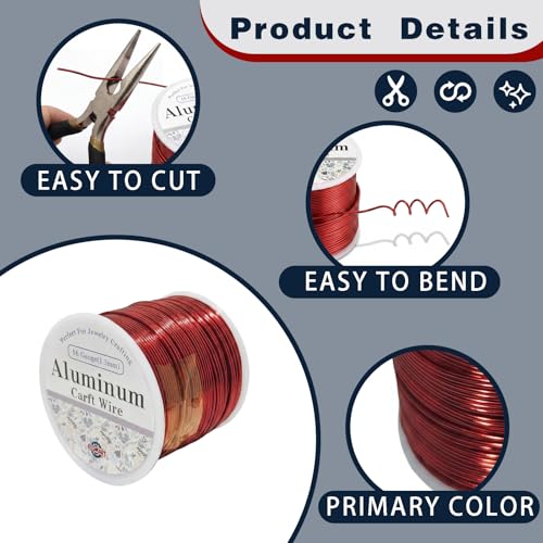 16 Gauge Aluminum Craft Wire Red 180FT 1.3mm, Jewelry Making, Flexible Bendable Armature Wire for Sculpting, Floral Crafts, Metal Wire Wrapping, DIY Art Projects & Wreath Making - color: Red, size: 16gauge