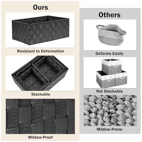 Storage Baskets: 6 Pack Stackable Woven Storage Bins, Black | Decorative Woven Baskets for Organizing with Built-In Handles for Shelves, Closets, Cabinets and Cubbies, Gift Small Basket - color: Black, size: 6 pack
