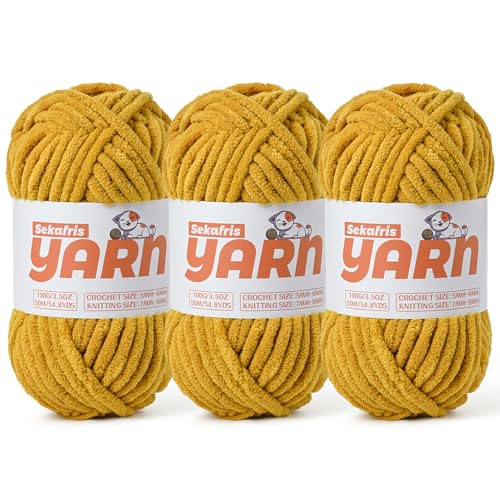 Soft Chunky Chenille Yarn for Crocheting-(300g/10.58oz) Bulky Knitting Crochet Yarn for Blankets-(150m/164yds) Fluffy Velvet Baby Yarn for Amigurumi&Crafts.(3 Turmeric) - color: 3 Turmeric