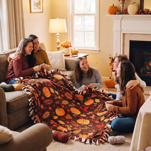 Chumia 2 Pcs/1 Set Fall No Sew Fleece Blanket Craft Kit 57 x 57 in Autumn Thanksgiving Pumpkins Maple Leaf DIY Tie Fleece Blanket Gifts for Fall Autumn Thanksgiving Holiday Sofa Home Decoration - style: Fall