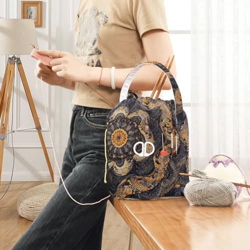 Tatenale Crochet Bag Yarn Bag Knitting Project Bag with Pockets and Handle Portable Yarn Storage Organizer Tangle Free 8.3x11 InchCottonmouth Skin Mandala Dark Purple45 - color: Cottonmouth skin Mandala Dark Purple45
