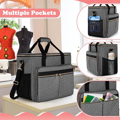 LUXJA Sewing Machine Case with Multiple Pockets, Gray | Sewing Machine Bag Compatible with Most Standard Brother, Singer, Janome, Detachable Shoulder Strap, Trolley Sleeve - color: Gray