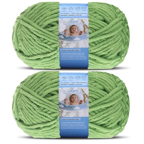 Super Bulky Blanket Yarn for Crocheting - 2 Pack of 200g/7.05oz 174yd/160m Super Soft Chenille Plush Yarn - Bulk Thick Yarns Used for Making Scarves, Baby Blanket, DIY Craft (2, Grass Green) - color: Grass Green