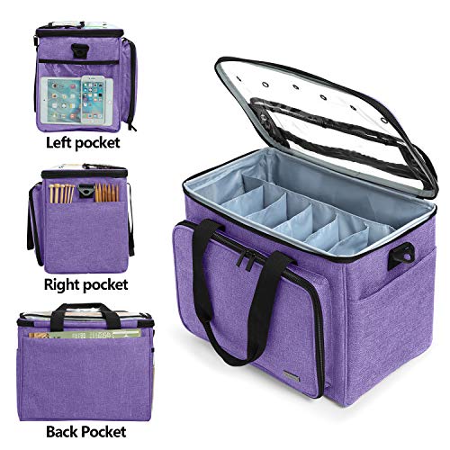 Teamoy Knitting Bag, Yarn Storage Organizer Crochet Bag Tote, Purple | Yarn Holder with Inner Divider(Sewn to Bottom) for Crochet Hook, Knitting Needles(Up to 14"), Project and Crocheting Supplies - color: Purple