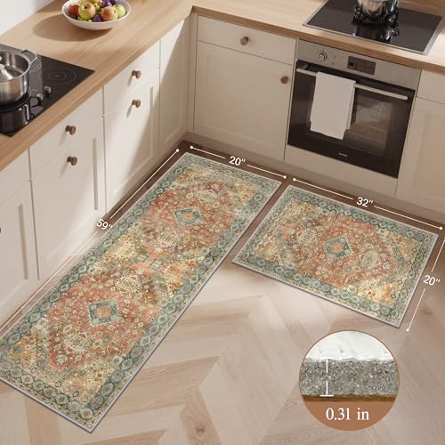 GENIMO Kitchen Rugs Set of 2, Washable Non Slip Cushioned Mats for Floor | 20"x32"&20"x59", Retrobrick vintage boho rug, soft faux cashmere, low pile, easy-clean for laundry, entryway, sink, farmhouse - color: Retrobrick, size: 20"x32"+20"x59"