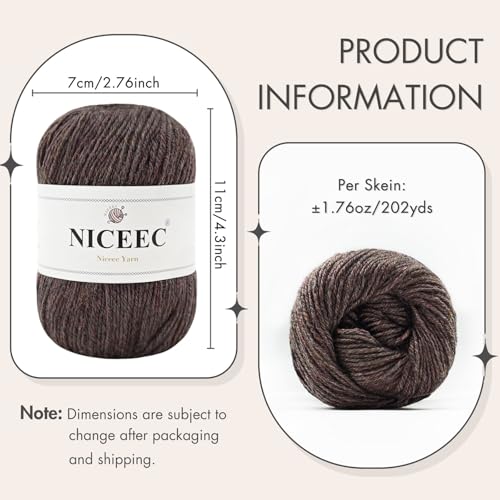 NICEEC 3 Skeins Soft Merino Wool Yarn- Brown | Soft & Warm, Finger Weight, Woolen Yarn for Crochet & Knitting, Total 5.3oz/606yds - color: Brown