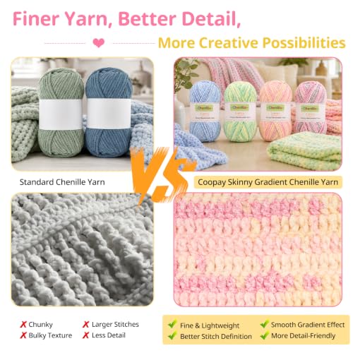Coopay Skinny Chenille Yarn, 12 Colors Gradient Velvet Yarn for Crocheting | Sport Weight Yarn - 1.76oz/87m Each (#2), Ultra Fine Soft Crochet Yarn for Blankets, Scarves, Plushies & Handmade Projects ﻿ - color: 12 Color Gradient Tones, size: #2 Thin