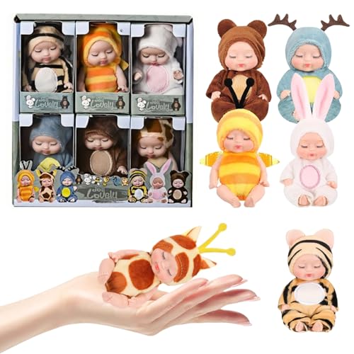 SwankyStyle 6 Pcs Mini Baby Dolls 4 Inch Gift Set, Cute Small Baby Doll Toys with Animal Clothes for Christmas Stockings, or Dollhouse Collections. (Style D) - style: Style D
