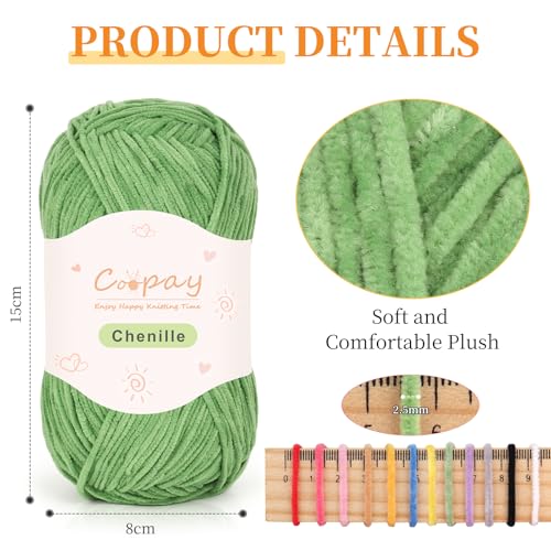 Coopay Skinny Chenille Yarn, Soft Yarn for Crochet & Knitting, Green | Crochet Yarn Set - 600g Total, Soft Velvet Yarn for Colorful Crafts, Blankets, Plush Dolls, Decorative Handmade Works - color: Pure Green, size: #2 Thin