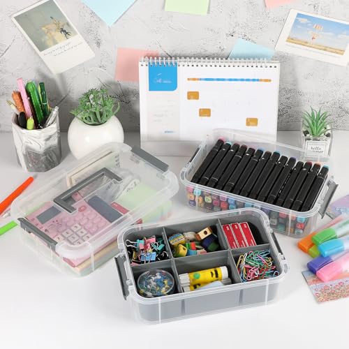 JUXYES 3-Tiers Plastic Stack Carry Storage Containers Box wih Handle Lids | 2 Pack Clear Stackable Craft Storage Bin for School & Office Supplies, Organizing Stationery, Sewing, Art Craft, DIY Supplies - color: Gray
