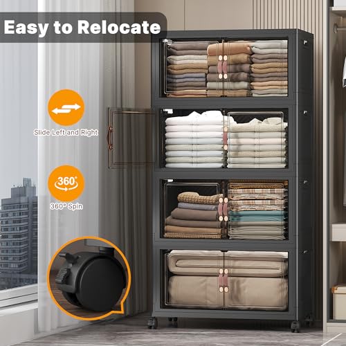 UAMFURI Stackable Storage Bins, 480QT Collapsible Drawers with 1 Lid | Large Capacity, Magnetic Door, Stack Lock, Rolling Wheels, Foldable Design, Organizers and Storage for Bedroom Dorm Garage - color: Dark-112QT, size: 4Pack with 1 top lid