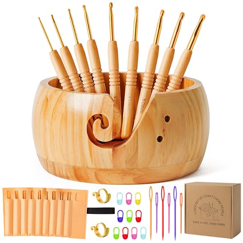 WATINC Wooden Yarn Bowl Holder Set - Large Crochet Yarn Storage Bowls with 9pcs Metal Knitting Hooks, Adjustable Loop Ring Stitch Markers with Box Crochet Gifts for Knitters Crocheters (Natural) - color: Natural