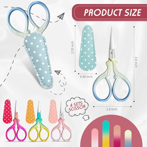 Honoson 4 Pcs Small Embroidery Scissors, 3.6", Simple, Classic Colors | Sewing Scissors with Leather Cover, Sharp Tip for Needlework Cross Stitch Crochet Knitting Craft, Stainless Steel Stork Shear - color: Classic Colors