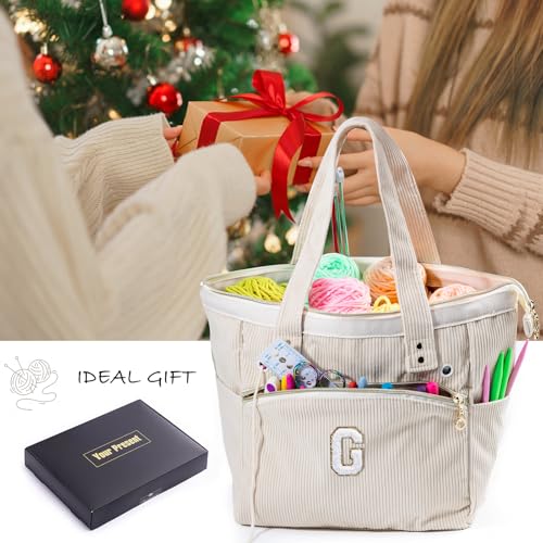 Initial Personalized Crochet Tote - Corduroy Yarn Storage - Holder for Crochet Hooks, Accessories, Project Bag - size: F