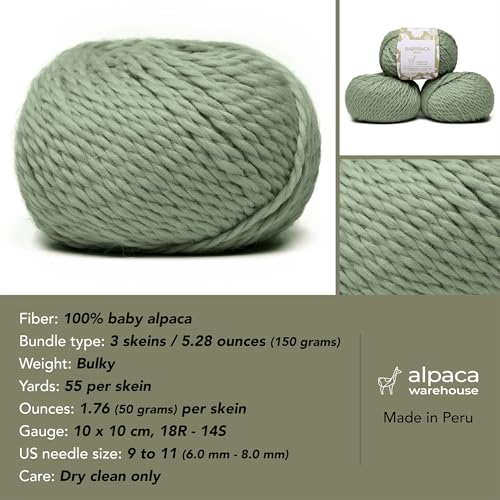 100% Baby Alpaca Yarn 3 Skeins 150g Bulky Weight Knitting Crochet S. Green | Made in Peru with natural warmth and softness featuring 162yd of premium fiber ideal for scarves shawls sweaters and more - color: Sage Green, size: Bulky - 3 Skeins