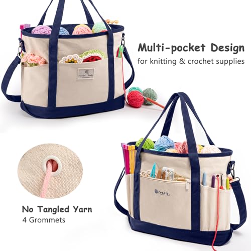 Canvas Yarn Storage Organizer Bag Washable Crochet Bag with Pockets for Yarn, Hooks, Needles – Travel Knitting Tote for Crafters – Gift for Crocheters & Knitters (Medium/Large) - color: Navy, size: Large-15”
