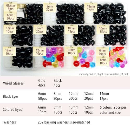 SEVENSUN 6-14mm Safety Eyes for Crocheting, Crochet Eyes for Crochet Animals, amigurumi Eyes for Crafts, Craft Doll Eyes for amigurumi Stuffed Animals Eyes, 412 pcs - size: 6-14mm