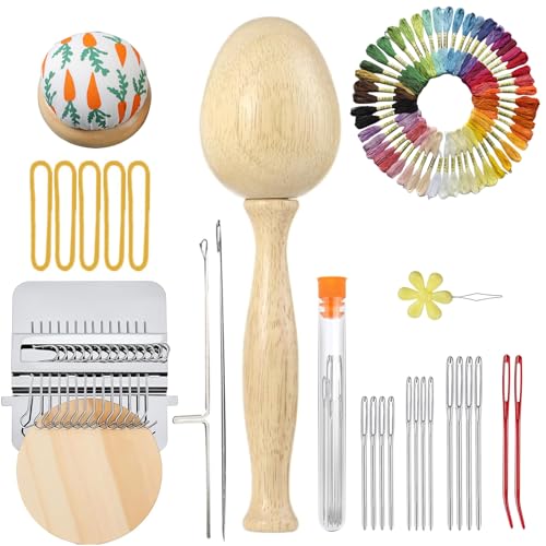 Darning Egg - Mini Darning Loom, Darning Egg Weaving Tool Set with Small Weaving Loom Kit with 14 Pcs Large Eye Needles 50 Colors Darning Thread for Handcraft DIY Weaving Repair Tool