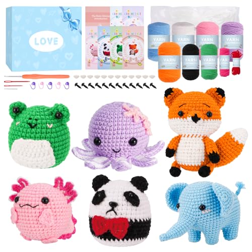 Gerute Crochet Kit for Beginners, 6 PCS Amigurumi Animal Family Starter Kit with Step-by-Step Video Tutorials & Illustrated Guide, 40% Extra Yarn, DIY Family Craft Gifts for Adults & Kids - color: 6pcs-fox