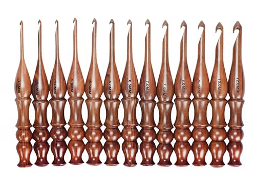 Wooden Crochet Hooks Set of 13 for Arthritic Hands | Ergonomic Soft Grip Handcrafted Knitting Needle for Crocheting and Knitting (Brown (Crochet - 2)) - color: Brown (Crochet - 2)