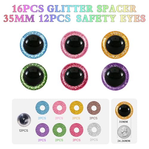 MUCUNNIA 12pcs 35mm Safety Eyes for Amigurumi Glitter Plastic Safety Eyes for Crochet with Washers Craft Crochet Eyes Doll Eyes for Crochet Animals Plush Stuffed Animals DIY Christmas Decorations - size: 35mm
