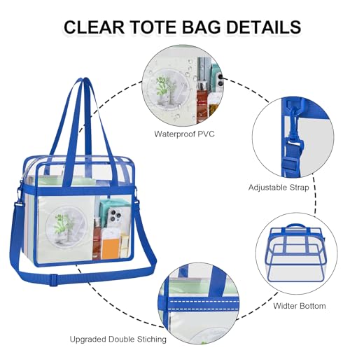Clear Bag for Stadium Events 12×6×12 Clear Tote Bag | See Through Bag with Removable Shoulder Strap for Concert,Sport,Festival - color: Blue, style: Main Pocket Only