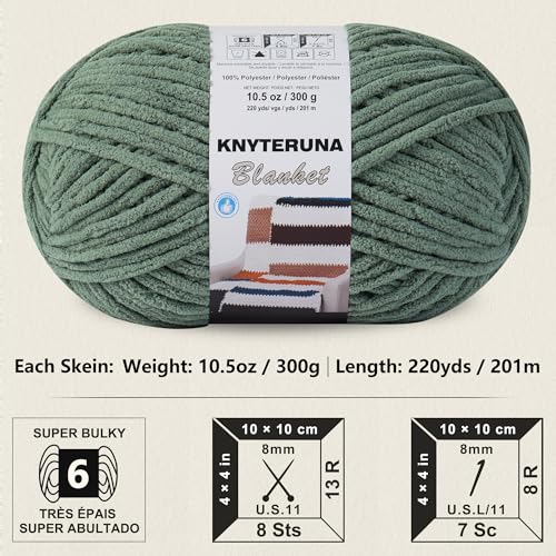 #6 Super Bulky Blanket Yarn for Crocheting - 4 Skeins(Each 10.5oz/300g, 220yds/201m), Chunky Chenille Thick Plush Big Soft Yarn for Crocheting Knitting Blankets, Smoky Green - color: Smoky Green