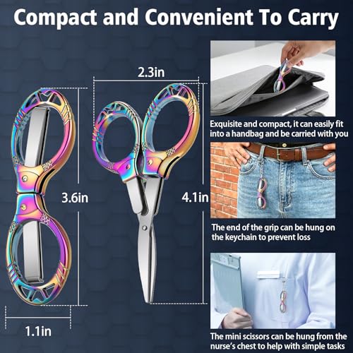 NAHSHON 4 Pcs Folding Stainless Steel Portable Mini Travel Badge Scissors | Foldable Safety Pocket Small Scissors All Purpose for Nurse Accessories, Travel, Office, Craft, Sewing, Home, School (Color) - color: Colorful