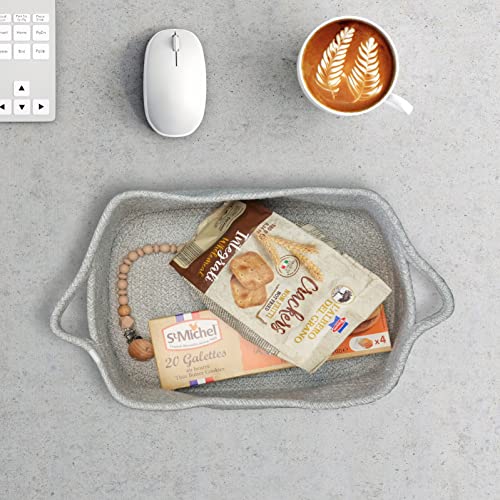 XUANGUO Medium Woven Cotton Rope Storage Basket with Handles, Light Grey | Small decorative rectangle storage bin for baby nursery items and cat toys; ideal as an empty gift basket or dog toy basket - color: light grey