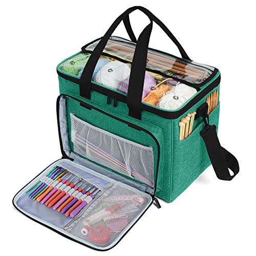 Teamoy Knitting Bag, Yarn Storage Organizer Crochet Bag Tote, Green | Yarn Holder with Inner Divider(Sewn to Bottom) for Crochet Hook, Knitting Needles(Up to 14"), Project and Crocheting Supplies - color: Green