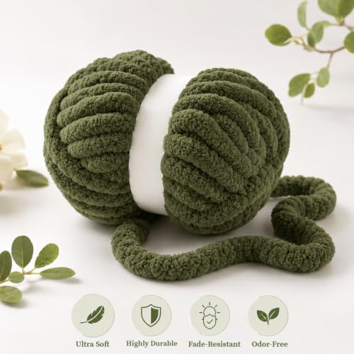 8 Pack Chunky Chenille Yarn for Hand Knitting, Glow in The Dark, Green | 8-pack jumbo chenille yarn with 1 glow-in-the-dark skein! Ultra-soft, fast to hand knit & perfect for DIY cozy gifts - color: Olive Green